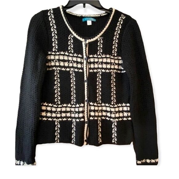 Pim + Larkin S Classic Black Cream Chunky Knit Long Sleeve Blazer Knit Jacket - Picture 1 of 6